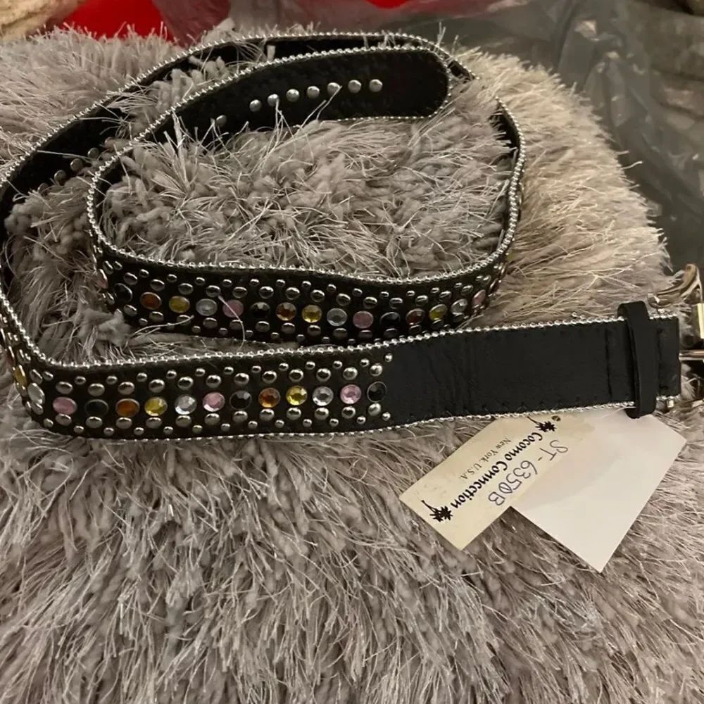Xl handmade black leather rainbow multi color jewel/gem/crystal accent belt